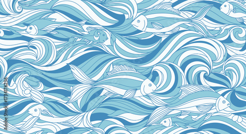 An Abstract Artistic Representation of Aquatic Life Flowing Through Stylized Ocean Waves in Shades of Blue and White
