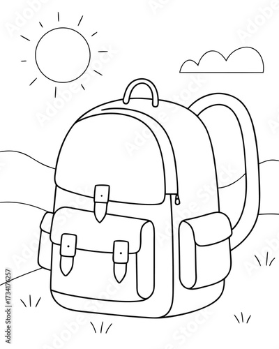 Outline drawing of a large backpack in a landscape with rolling hills, a sun, and a cloud rucksack hiking bag