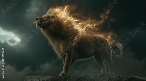 Majestic lion with fiery mane, standing atop a rocky peak, dramatic sky background, powerful roar 