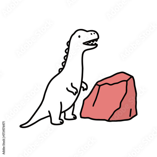 Simple black outline illustration of a cute cartoon T-Rex dinosaur standing next to a stylized pink rock, perfect for children's designs.