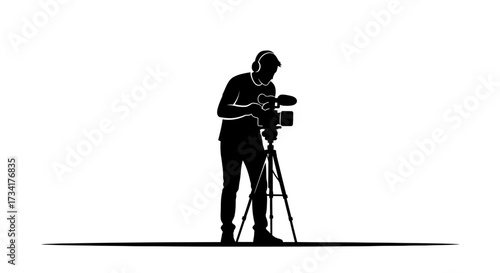 Capturing moments, vlogger films with professional camera on tripod, creating engaging video content
