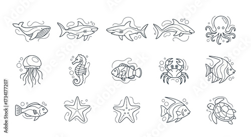 Set of Hand Drawn Ocean Creatures and Marine Life Illustrations Perfect for Educational Materials and Themed Designs