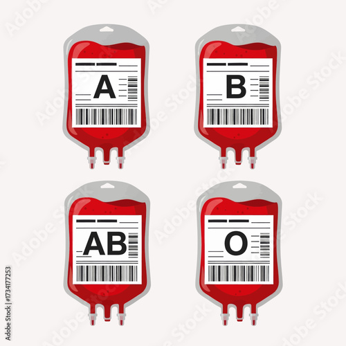 Four blood bags labeled with different blood types: A, B, AB, and O, presented in a clean, graphic illustration.