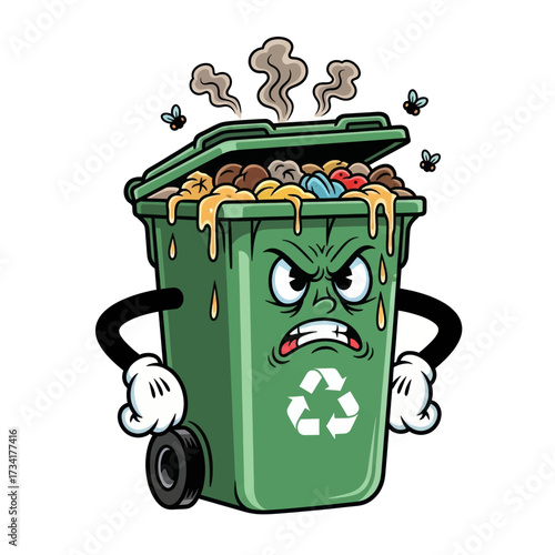 An angry cartoon recycling bin character overflowing with stinky garbage and attracting flies.