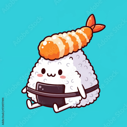 Cute onigiri character with shrimp tempura on top, sitting down.