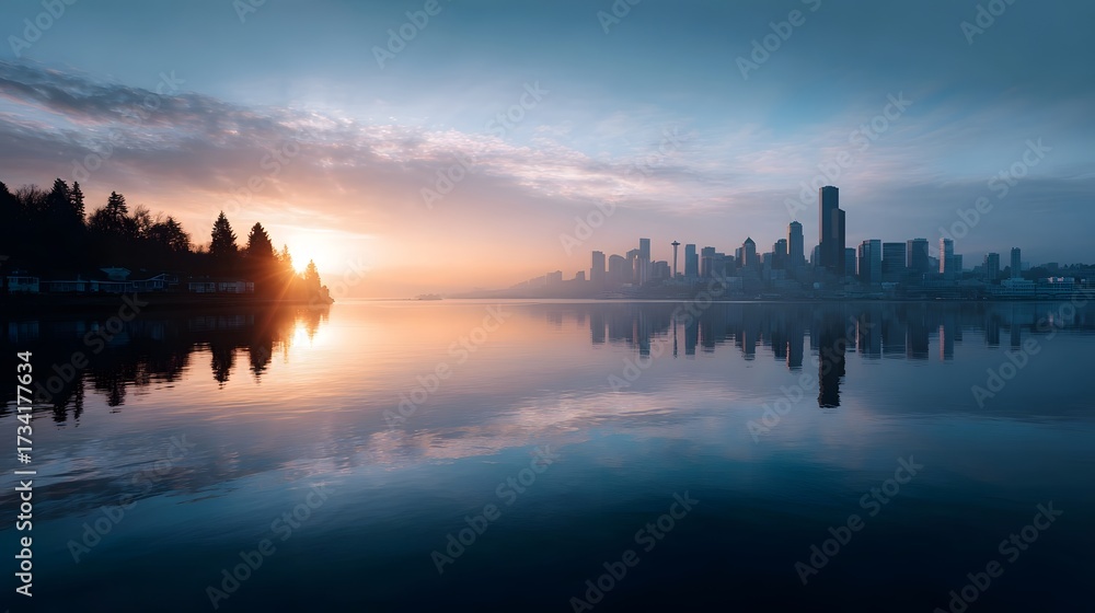 Naklejka premium A city skyline is reflected in calm waters at sunrise bathed in soft golden light