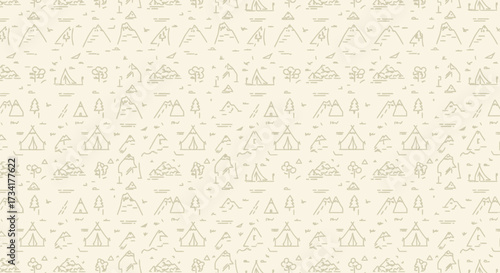 Charming Seamless Pattern Featuring Hand-Drawn Outdoor Adventure Icons With Mountains Tents Trees And Camping Elements