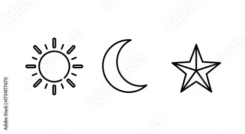 Celestial Icons Representing Day Night and Stars in Simple Outline Style for Decorative Use