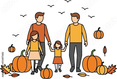Family fun autumn activity exploring a vibrant pumpkin patch with two fathers and two daughters 