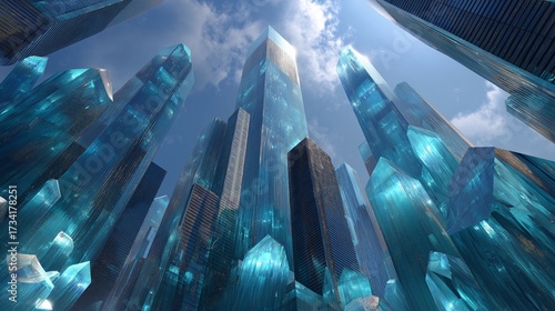 Abstract crystalline structures reaching skyward, a surreal vision of natural formations bathed in brilliant light