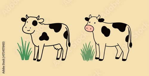 Two simple cartoon cow illustrations with black spots and green grass details, standing on a soft yellow-tan background, depicting farm life.