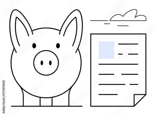 Piggy bank next to document emphasizing budgeting, saving money, financial planning, wealth management, investment, recordkeeping, and future security. Ideal for finance-related concepts. Simple flat