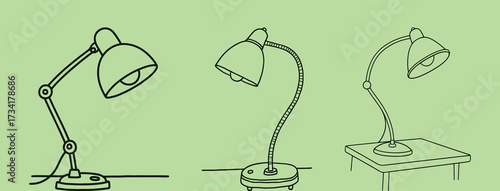 Set of three black outline illustrations of classic desk lamps in different styles, including adjustable and gooseneck designs, on a light green background.