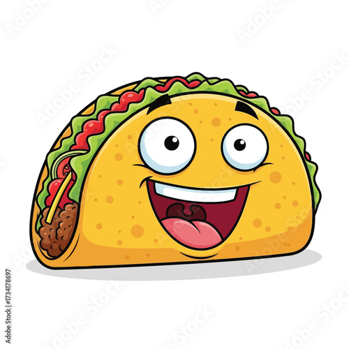 Vector illustration of a happy cartoon taco with a big smile, looking excited and ready to eat