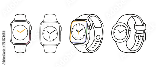Collection of four outline smart and classic wristwatches with different band and face styles, representing time and modern technology accessories.