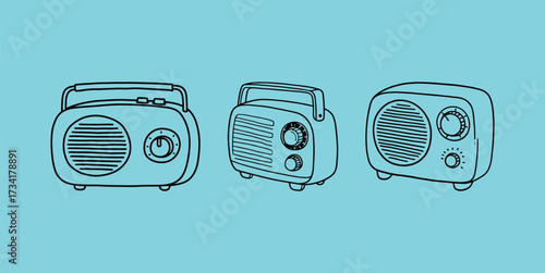 Three simple black outline illustrations of vintage or retro portable radio receivers, set against a vibrant light blue background.