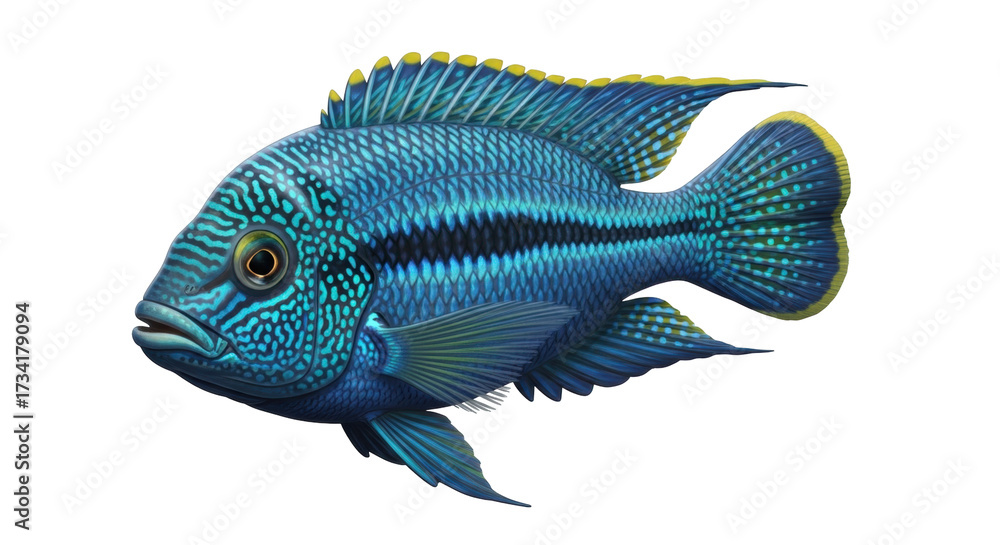 Φωτογραφία Isolated Blue Cichlid Fish Illustration with Yellow Highlights, Aquatic Animal P