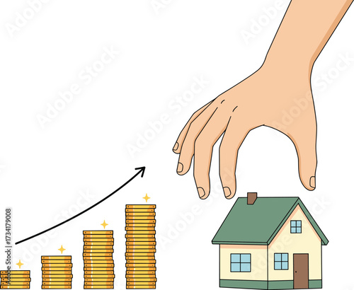 Real estate investment concept, hand grabbing house, increasing coin stack, property value growth, financial planning, housing market trend