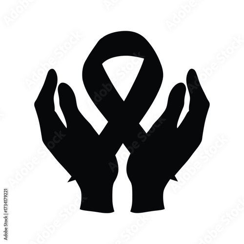 Symbolic black silhouette of open hands holding up a support ribbon for awareness and hope