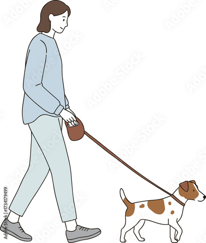 Woman walking dog on leash, casual walk with pet, dog owner enjoying outdoor stroll, friendly puppy walk, daily exercise, flat vector illustration, peaceful vibe