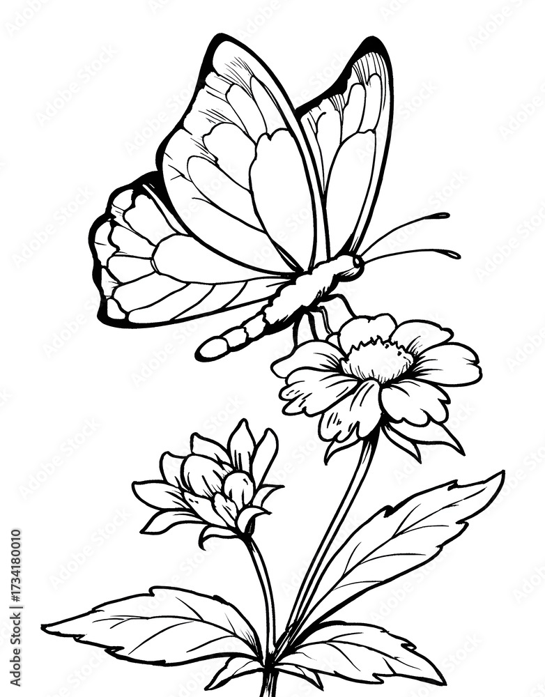 Fototapeta premium A cute butterfly flying over a flower coloring page
