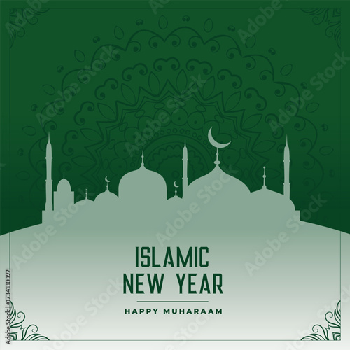Islamic Background with Crescent Moon and Mosque for Muharram Festival