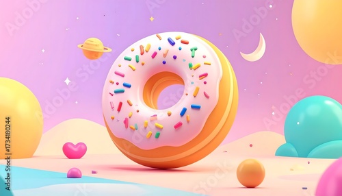 Pink Frosted Donut 3D Render on Pastel Candy Background with Sprinkles