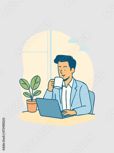 Vector illustration of young entrepreneur working with laptop while drinking coffee in coworking space. b11.eps
