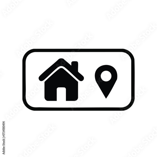 Digital representing home and location with a house symbol and map pin for navigation or real estate purposes