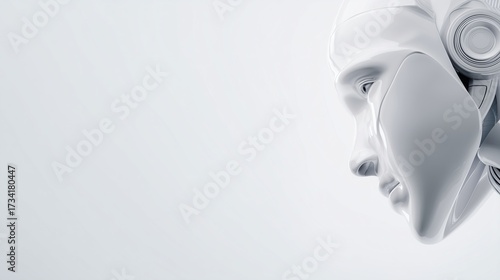Futuristic robot head, close-up detail with an artificial intelligence appearance, showing advanced technology concepts