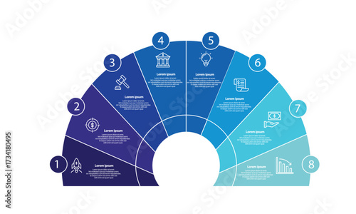Collection of vector 8 semicircle chart infographic templates for presentations, advertising, layouts, annual reports.8 options, steps,