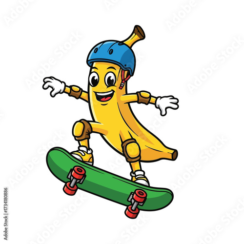 Vector illustration of cartoon banana character wearing a helmet and protective gear, skateboarding with a green board