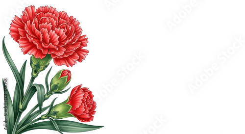 Isolated Carnation bouquet, red flower illustration, blossoming petals and foliage decor
