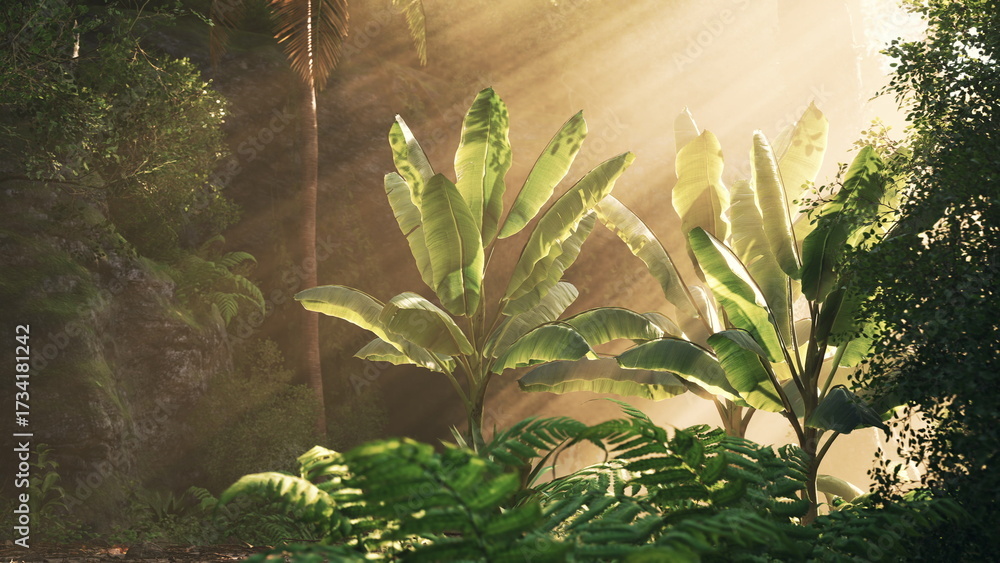 Obraz premium Golden rays of sunlight illuminate vibrant green plants in a tropical forest. The light creates a serene atmosphere among the dense foliage and ferns.