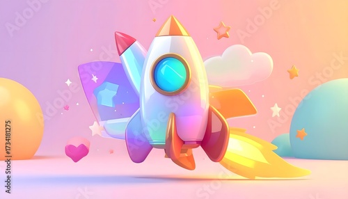 Cartoon Rocket Launch in Pastel Sky, 3D Startup Success and Business Growth Concept