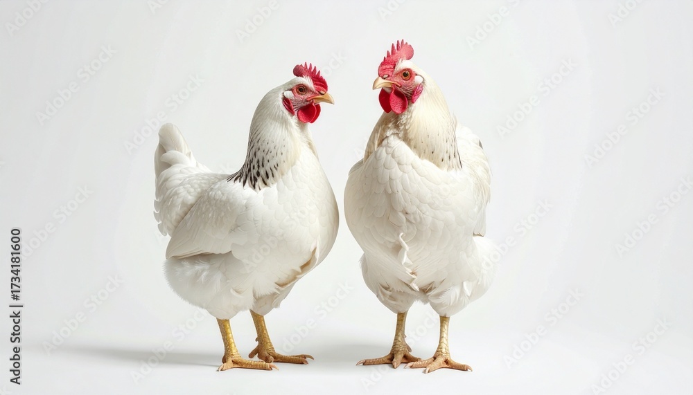 Fototapeta premium “Two white chickens face each other—red combs and yellow legs echo symmetry and simplicity in a stark farmyard vignette.”