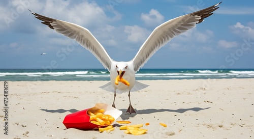 Seagull with outstretched wings near french fries on a sandy beach