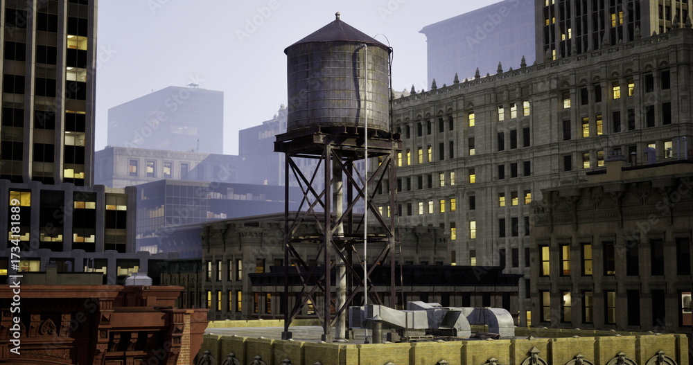 Obraz premium A vintage water tower rises above a bustling city skyline as dusk settles. Surrounding skyscrapers glow with lights, showcasing a blend of historical and contemporary urban development.