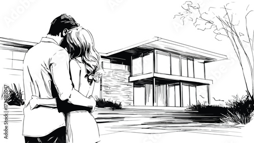 Modern Romantic Couple Embracing in New Setting