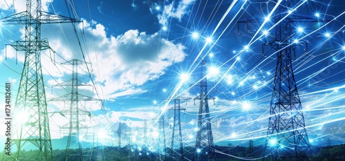 Electric transmission towers against a vibrant blue sky, interconnected by glowing lines symbolizing a modern energy grid