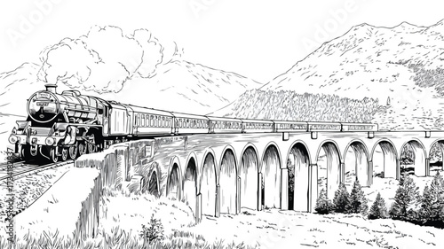 Majestic Steam Train Crossing Glenfinnan Viaduct - Scenic Railway Landscape View