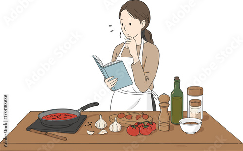 Woman reading recipe book while cooking in kitchen, preparing meal with fresh ingredients, thoughtful home chef planning dish, culinary inspiration and cooking process illustration