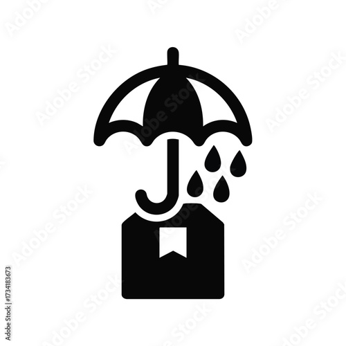 Black umbrella with raindrops falling onto a cardboard box symbolizing protection against rain and weather conditions