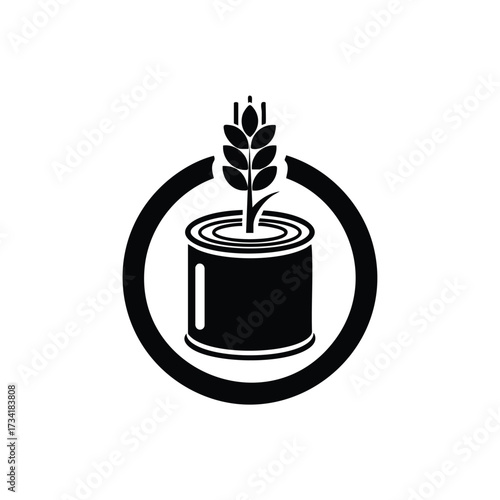 Minimalist of a wheat stalk emerging from a circular container representing agriculture or food production