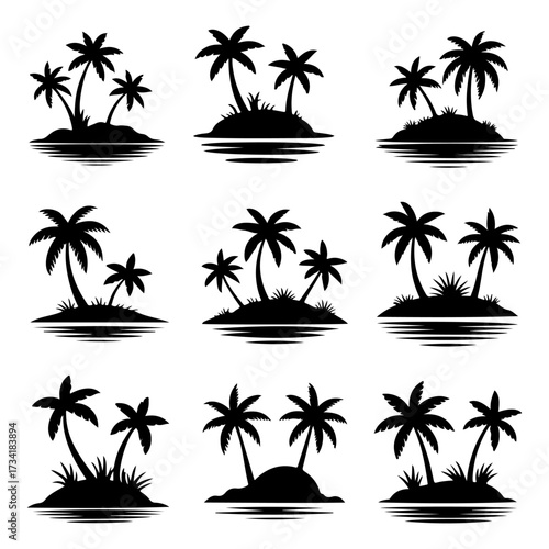 Collection of nine black silhouette illustrations of tropical islands with palm trees