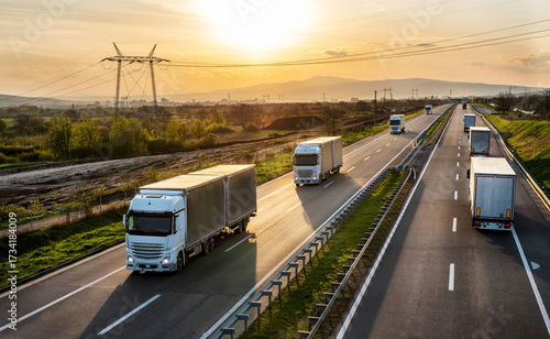 Big white transportation trucks with grey containers passing other trucks on a highway at sunset. Cargo transportation concept - freight service, on a highway in both ways