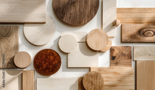 Wood samples, various shapes and colors, on white background