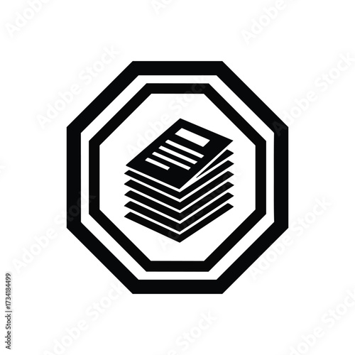 Stack of papers with a checklist on top, surrounded by a bold octagonal border, representing documentation or administrative tasks