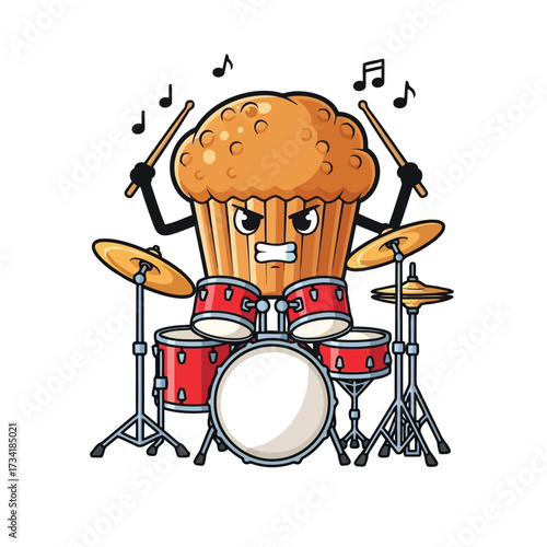 Vector illustration of funny cartoon muffin character playing drums with drumsticks