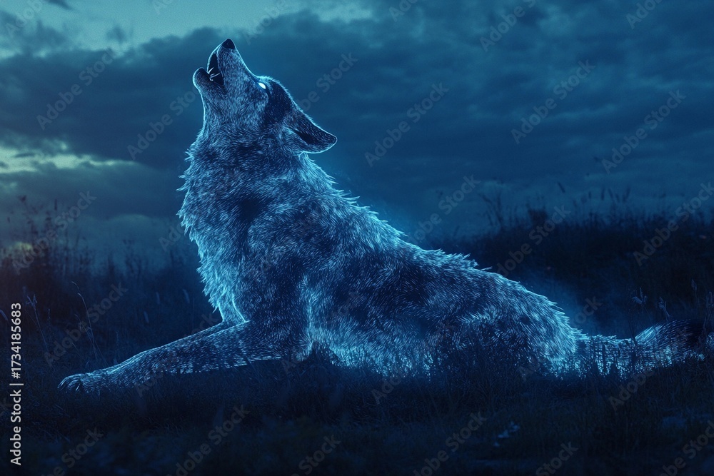 Obraz premium Massive glowing wolf howling into the night under a starry sky, surrounded by trees and foliage